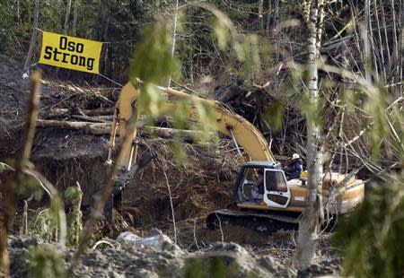 An excavator is used as search work continues in the mud and debris from a massive mudslide that struck Oso near Darrington, Washington April 2, 2014. REUTERS/Jason Redmond