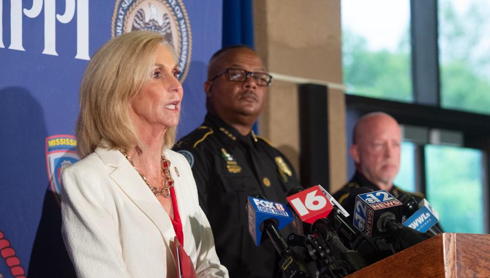 Attorney General Lynn Fitch speaks about cooperation with state, local and Louisiana law enforcement regarding the prosecution of Daniel Callihan, 36, and his alleged accomplice, 32-year-old Victoria Cox during a news conference in Jackson on Monday. Callihan and Cox are in custody for the killing of 35-year-old Callie Brunett in Tangipahoa Parish, La., and the abduction of her daughters Erin Brunett, 4, and Jalie Brunett, 6. Jalie Burnett was found alive, but the body Erin Brunett was found in a wooded area of south Jackson.