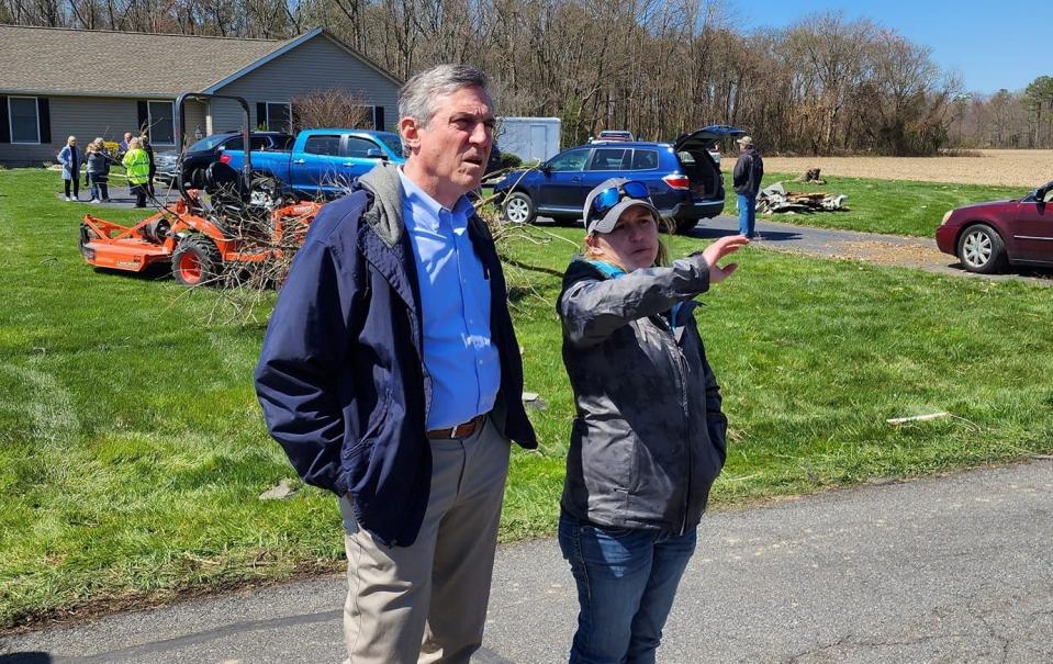 On Sunday, April 2, Gov. John Carney toured areas of Sussex County impacted by a tornado the day before. The home of Staci Warrington, right, was destroyed.