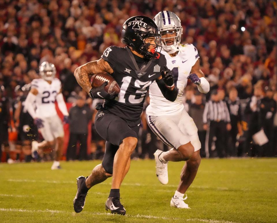 Iowa State wide receiver Jaylin Noel (13) runs the ball in the second quarter against Kansas State during a NCAA college football game at Jack Trice Stadium in Ames, Iowa, on Saturday, Oct. 8, 2022.