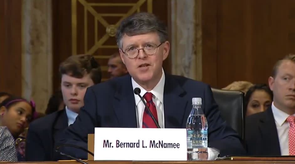 Bernard McNamee speaks at his Senate nomination hearing on Nov. 15. (Screengrab via U.S. Senate video)