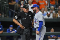 Toronto Blue Jays interim manager John Schneider argues after being ejected by umpire Jeff Nelson during the seventh inning of the team's baseball game against the Baltimore Orioles, Tuesday, Sept. 6, 2022, in Baltimore. (AP Photo/Terrance Williams)