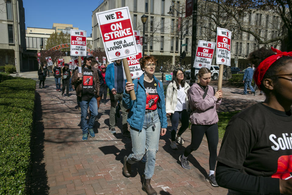 Professors, part-time lecturers, and graduate students strike at Rutgers University in Newark, N.J., Monday, April 10, 2023. (AP Photo/Ted Shaffrey)