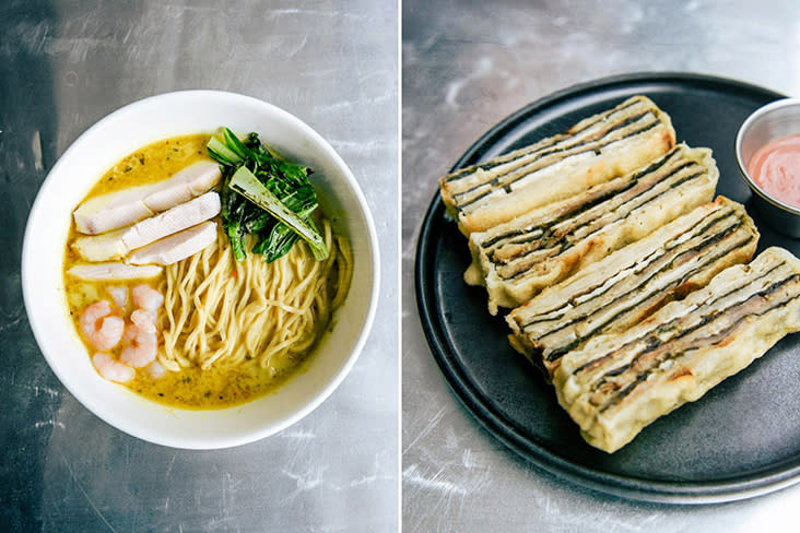 Fifty Tales’ signature laksa (left) and eggplant with a 'nam yu' dip (right).