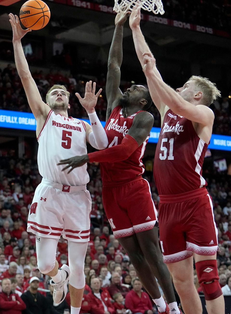 Wisconsin forward Tyler Wahl scores on Nebraska forward Juwan Gary during the second half Saturday. Wahl led the Badgers iwth 17 points.