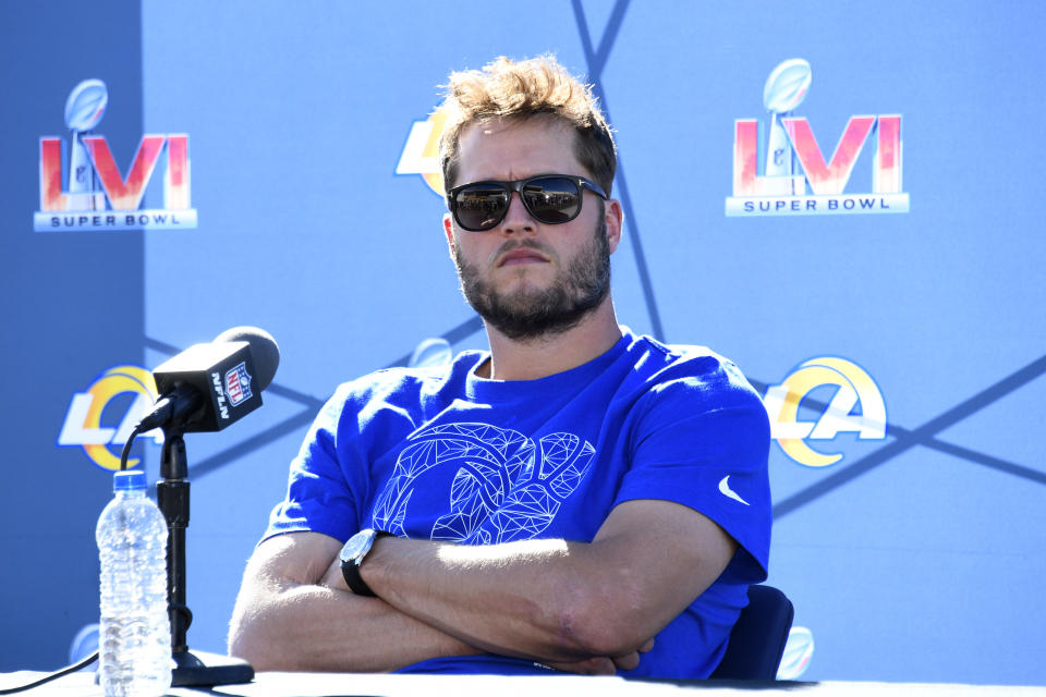 THOUSAND OAKS, CALIFORNIA - FEBRUARY 11: Matthew Stafford #9 of the Los Angeles Rams speaks to the media during a practice for Super Bowl LVI at at California Lutheran University on February 11, 2022 in Thousand Oaks, California. (Photo by Kevork Djansezian/Getty Images)