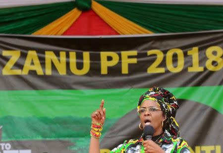 FILE PHOTO: President Robert Mugabe's wife Grace addresses a rally of the ruling ZANU (PF) in Chinhoyi, Zimbabwe, July 29, 2017. REUTERS/Philimon Bulawayo/File Photo