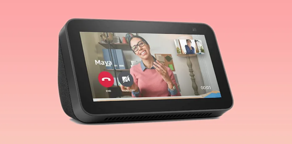 The Amazon Echo 5 display shows a video call coming in from 