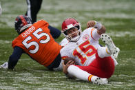 Kansas City Chiefs quarterback Patrick Mahomes (15) gets up after being sacked by Denver Broncos outside linebacker Bradley Chubb (55) during the first half of an NFL football game Sunday, Oct. 25, 2020, in Denver. (AP Photo/Jack Dempsey)
