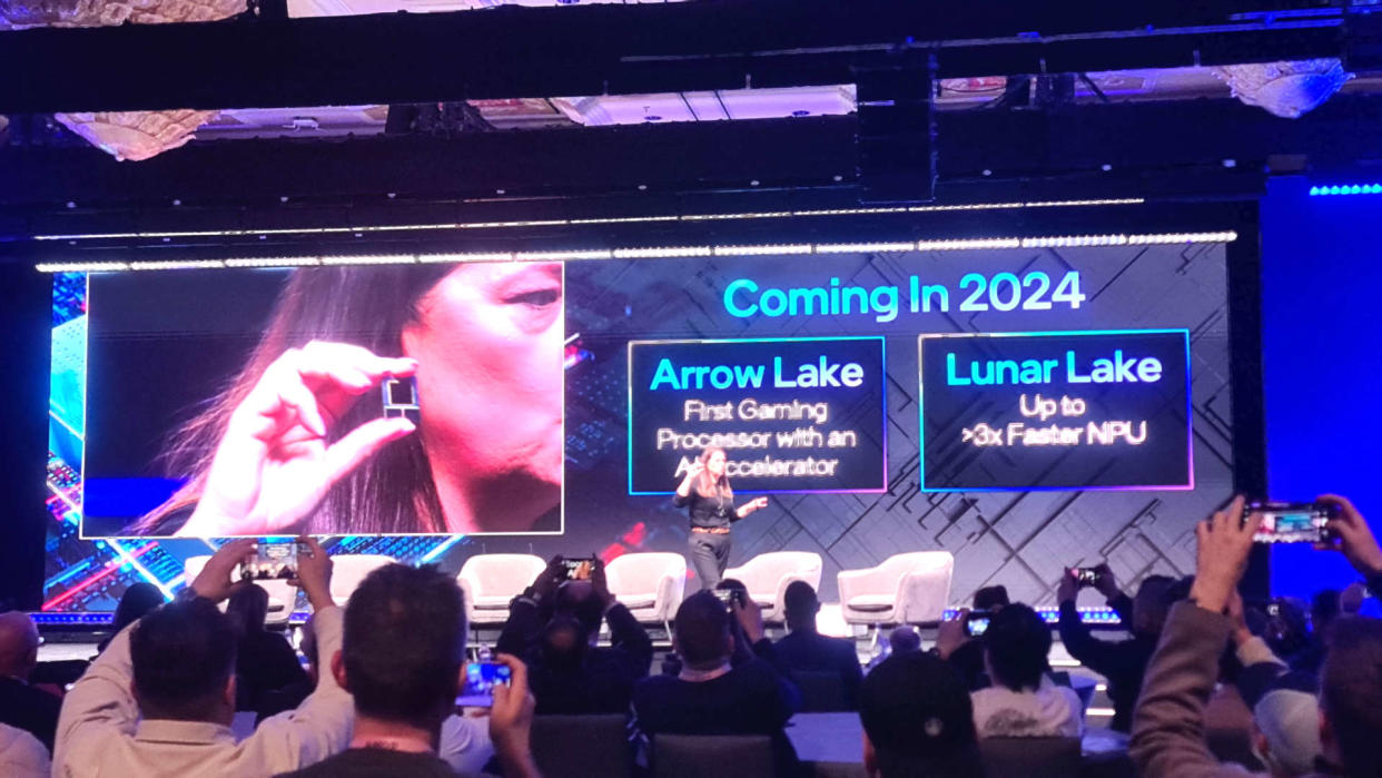  Intel Client Computing keynote event at CES 2024 with a Lunar Lake CPU sample being demonstrated. 