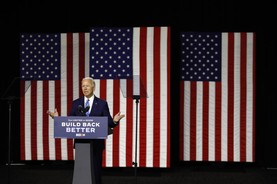 Democratic presidential candidate, former Vice President Joe Biden speaks during a campaign event, Tuesday, July 14, 2020, in Wilmington, Del. (AP Photo/Patrick Semansky)