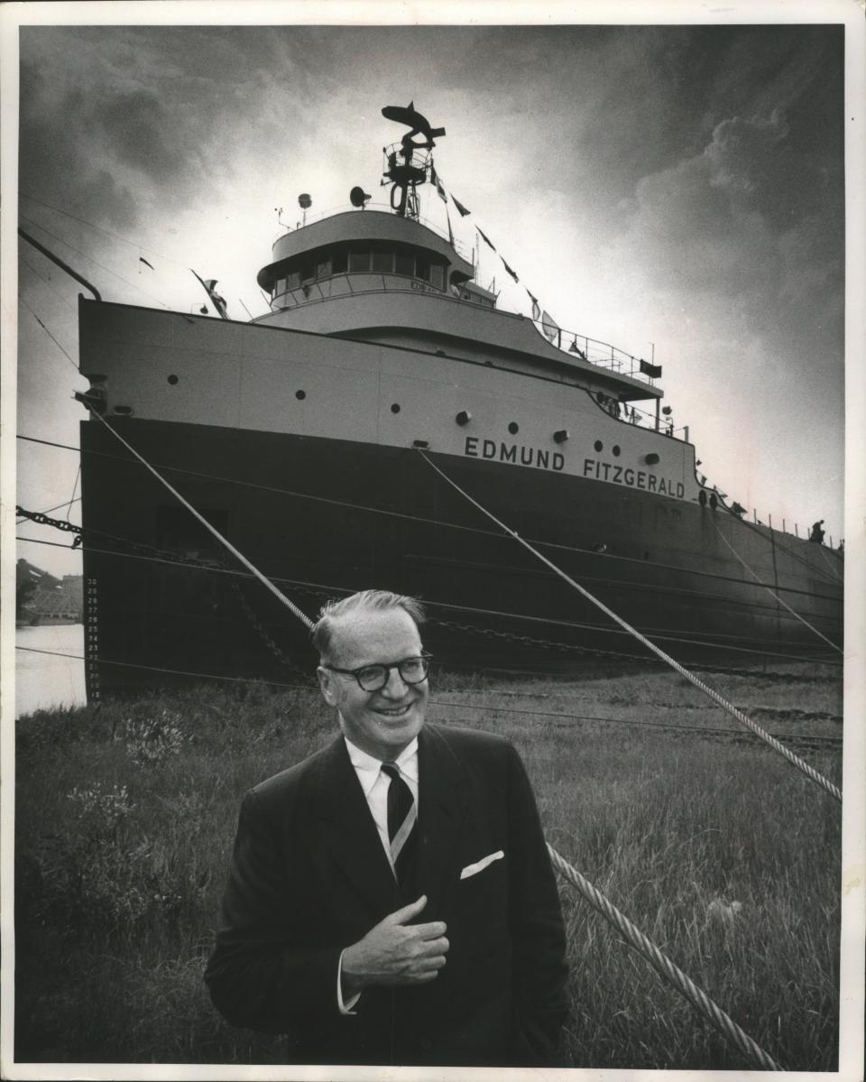 Standing in front of his namesake, Edmund Fitzgerald, chairman of the board of the Northwestern Mutual Life Insurance Co., looks pleased after he was honored in a ceremony aboard ship on July 22, 1959, while anchored on the west side of Jones Island in Milwaukee. The Edmund Fitzgerald, an ore carrier and the largest ship on the Great Lakes, was in Milwaukee after being launched from Detroit the previous year. Hundreds of people lined up to take tours of the ship. This photo was in the July 23, 1959, Milwaukee Journal.