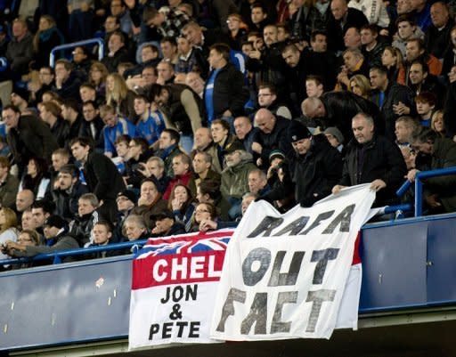 Chelsea supporters hang a banner protesting against interim manager Rafael Benitez at Stamford Bridge on November 25. The former Liverpool coach was roundly booed during Chelsea's 0-0 draw with Manchester City in his first game at the helm on Sunday