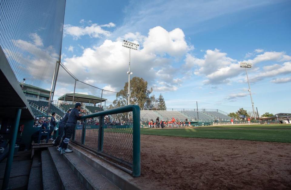 Central Catholic and Oakdale during the Valley Oak League showcase game at John Thurman Field in Modesto, Calif., Friday, March 31, 2023. Oakdale won the game 10-6.