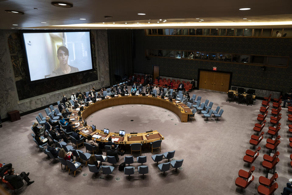 Zhang Jun, permanent representative of China to the United Nations, speaks during a meeting of the United Nations Security Council, Thursday, Sept. 23, 2021, during the 76th Session of the U.N. General Assembly in New York. (AP Photo/John Minchillo, Pool)