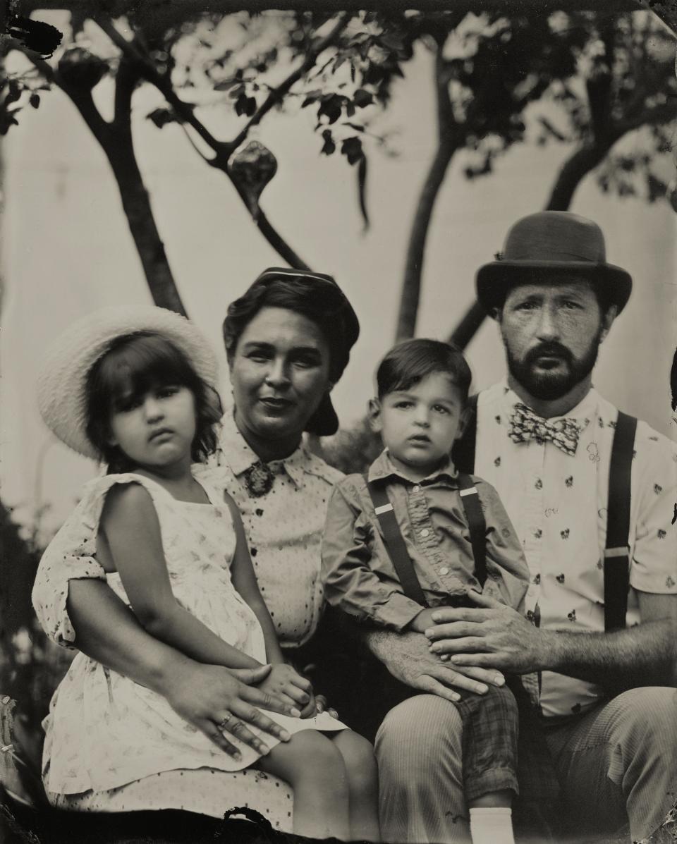 A tintype portrait of a family, made by Rudy Salgado at River City Tintype in Louisville, Kentucky. 2021