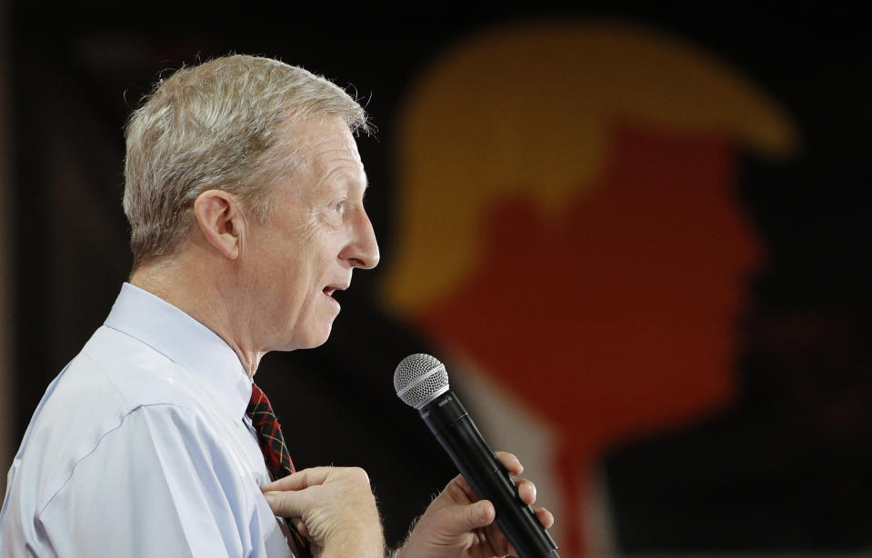 Democratic presidential candidate and businessman Tom Steyer speaks at a Culinary Workers Union hall Thursday, Jan. 16, 2020, in Las Vegas. (AP Photo/John Locher)