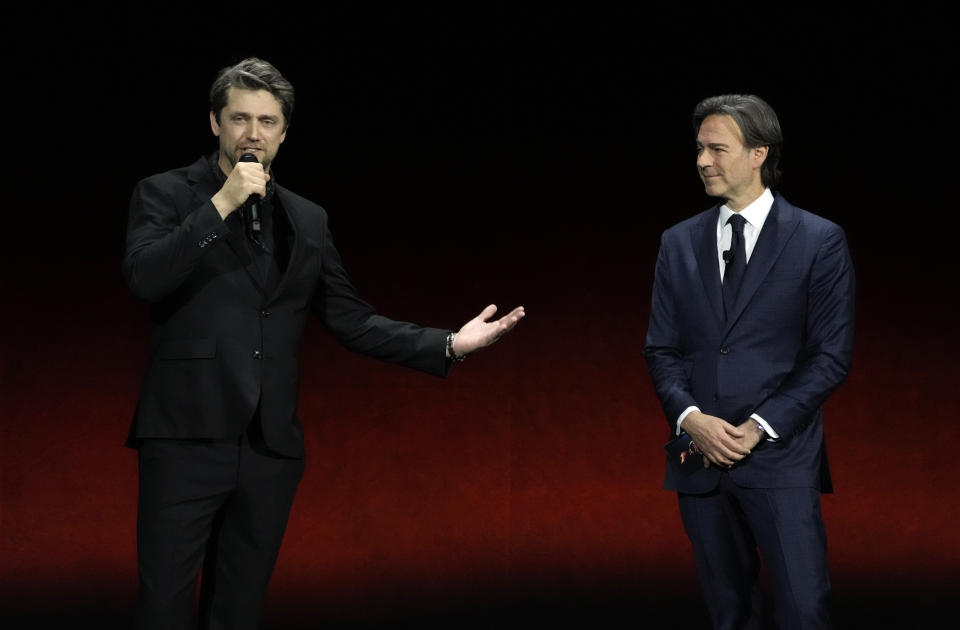 Andy Muschietti, left, director of the upcoming film "The Flash," discusses the film alongside Peter Safran, co-chairman and CEO of DC Studios, during the Warner Bros. Pictures presentation at CinemaCon 2023, the official convention of the National Association of Theatre Owners (NATO) at Caesars Palace, Tuesday, April 25, 2023, in Las Vegas. (AP Photo/Chris Pizzello)