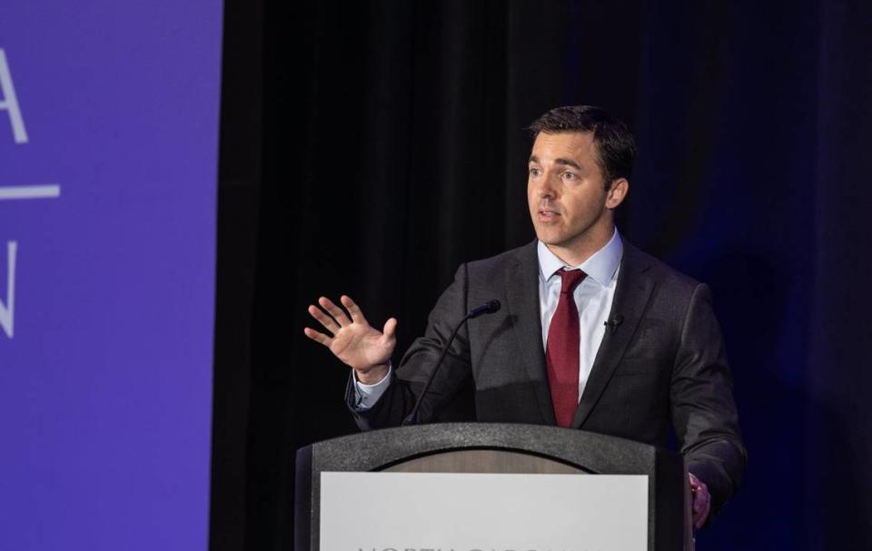 Jeff Jackson debates Dan Bishop in the Attorney General race at the Charlotte Convention Center in Charlotte, N.C., on Friday, June 21, 2024.