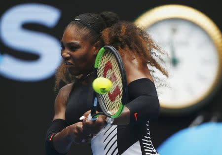 Tennis - Australian Open - Melbourne Park, Melbourne, Australia - 23/1/17 Serena Williams of the U.S. hits a shot during her Women's singles fourth round match against Czech Republic's Barbora Strycova. REUTERS/Thomas Peter