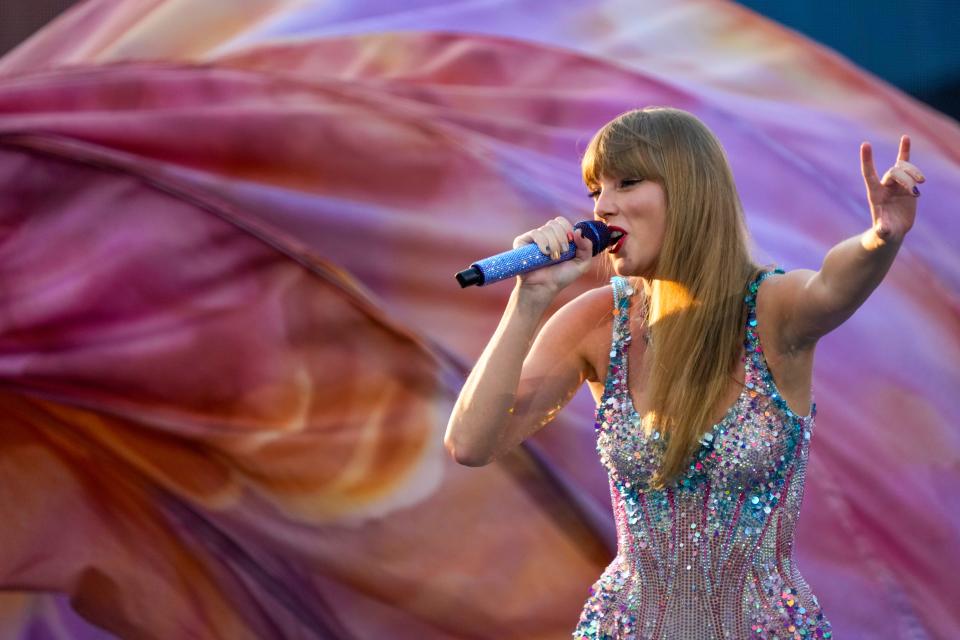 Taylor Swift performers during the first night of the Cincinnati stop of the Eras Tour at Paycor Stadium in downtown Cincinnati on Friday, June 30, 2023.