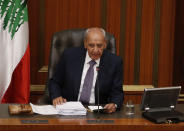 Lebanese Parliamnet Speaker Nabih Berri speaks during the opening session on the draft 2019 state budget, at the parliament building, in Beirut, Lebanon, Tuesday, July 16, 2019. The lawmakers have begun discussing the draft 2019 state budget amid tight security and limited protests against proposed austerity measures. The proposed budget aims to avert a financial crisis by raising taxes and cutting public spending in an effort to reduce a ballooning deficit. (AP Photo/Hussein Malla)