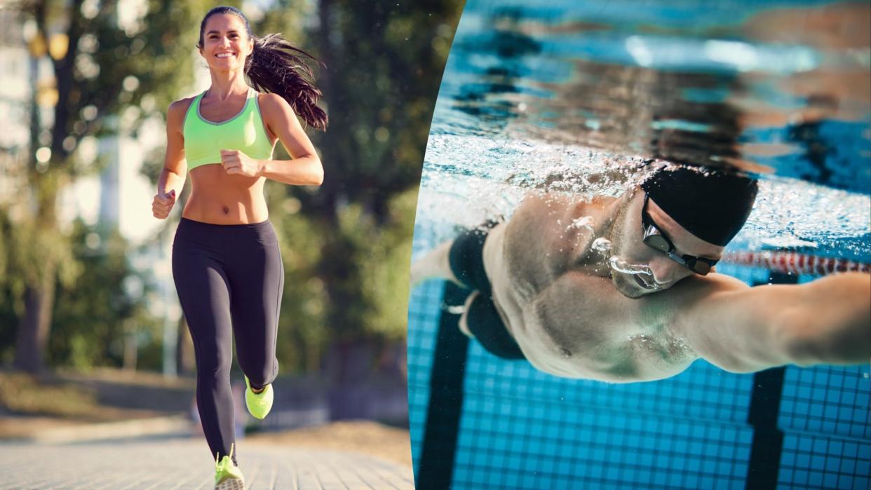  Left image woman running outdoors in activewear and right image man swimming underwater in swimming pool 