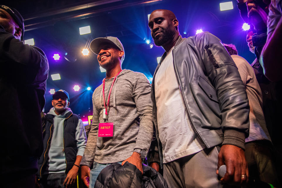 Prince Paul and Posdnous on stage at De La Soul event.