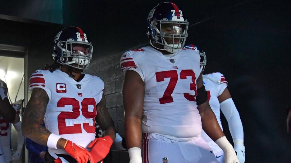 Jan 8, 2023; Philadelphia, Pennsylvania, USA; New York Giants safety Xavier McKinney (29) and offensive tackle Evan Neal (73) against the Philadelphia Eagles at Lincoln Financial Field.