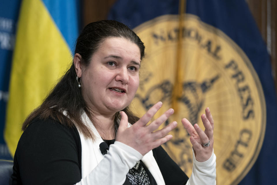 Ukraine's Ambassador to the United States Oksana Markarova, speaks at the National Press Club in Washington, Tuesday, March 15, 2022. (AP Photo/Manuel Balce Ceneta)