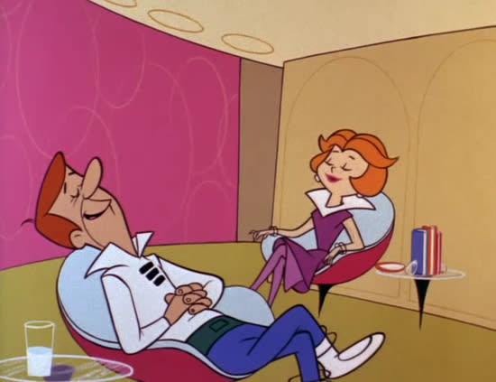 "The Jetsons" cartoon mom and dad sitting and relaxing