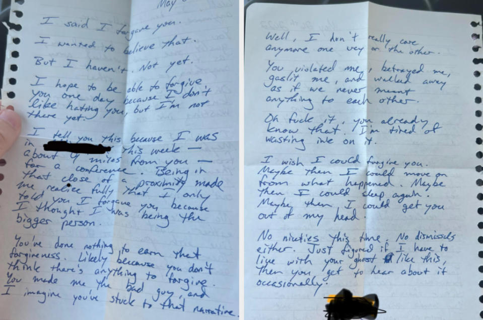 A two-page handwritten note saying "I said I forgive you, I wanted to believe that," but they're still upset because they've been made out to be a bad guy