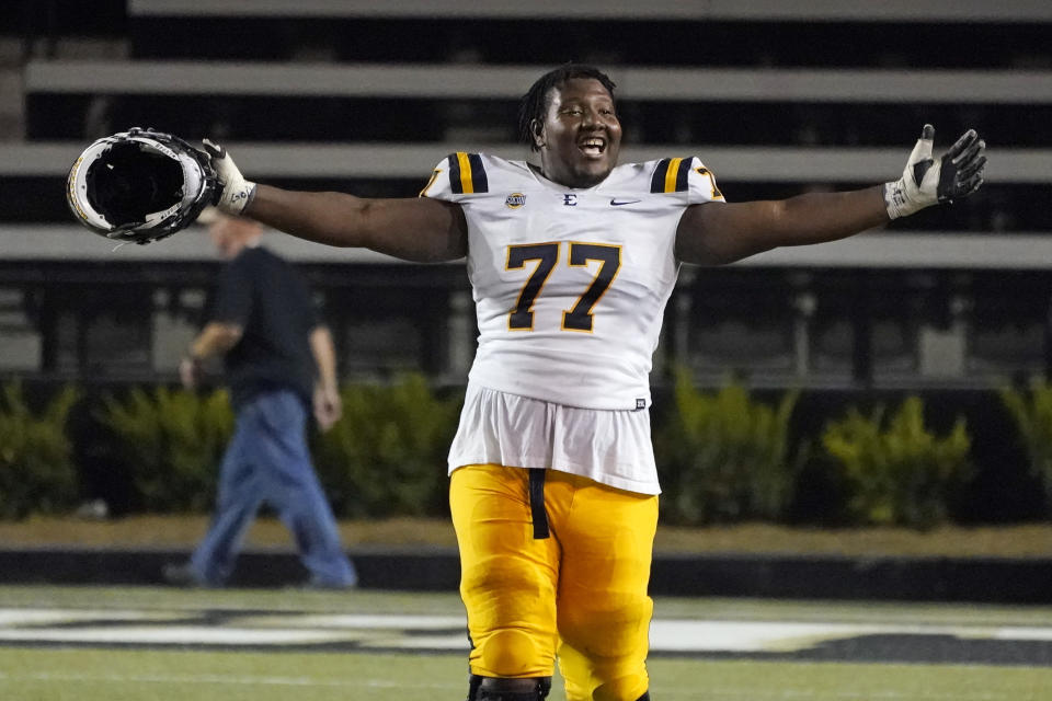 East Tennessee State offensive lineman Fred Norman Jr. celebrates after beating Vanderbilt in an NCAA college football game Saturday, Sept. 4, 2021, in Nashville, Tenn. (AP Photo/Mark Humphrey)