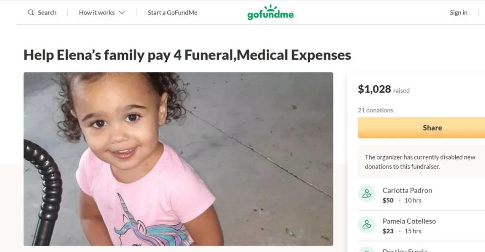 A GoFundMe was created to help with medical and funeral expenses for 3-year-old Elena Joiner and was taken down once enough money was raised for the funeral.