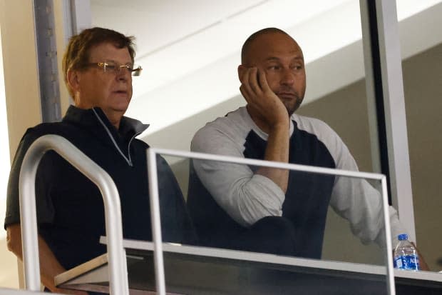 Owner Bruce Sherman of the Miami Marlins talks with CEO Derek Jeter during the game against the New York Mets at loanDepot park on May 21, 2021, in Miami.<p><a href="https://www.gettyimages.com/detail/1324624008" rel="nofollow noopener" target="_blank" data-ylk="slk:Michael Reaves/Getty Images;elm:context_link;itc:0;sec:content-canvas" class="link ">Michael Reaves/Getty Images</a></p>