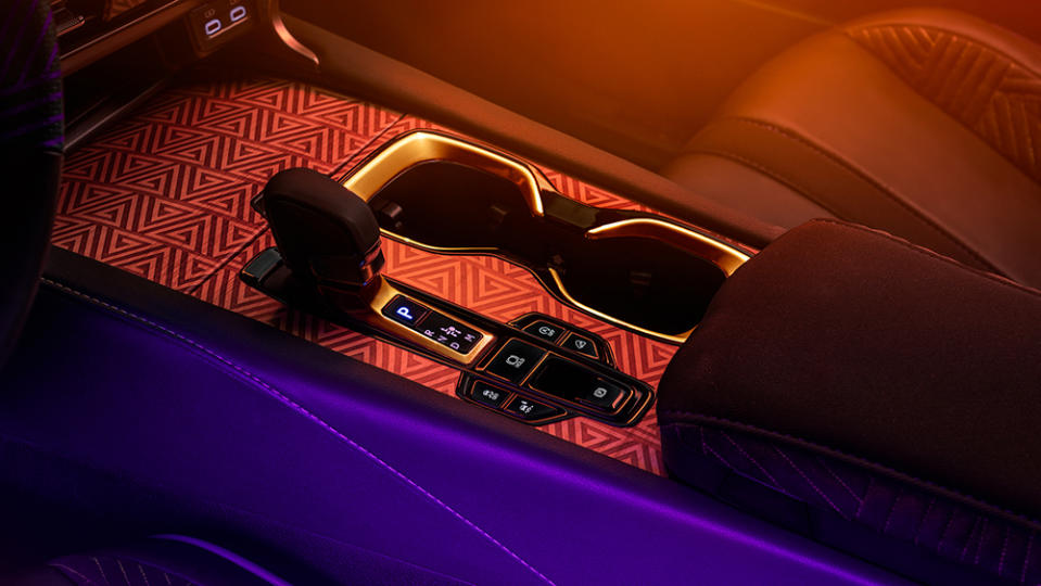 The detailing around the gear shift of the "Black Panther" Lexus