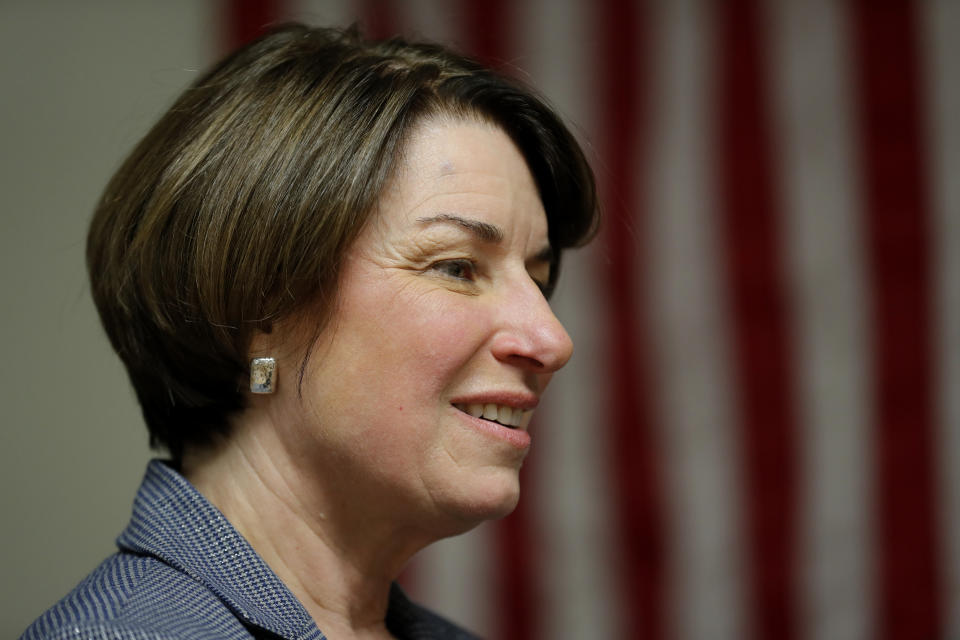 2020 Democratic presidential candidate Sen. Amy Klobuchar speaks at the Ankeny Area Democrats' Winter Banquet, Thursday, Feb. 21, 2019, in Des Moines, Iowa. (AP Photo/Charlie Neibergall)