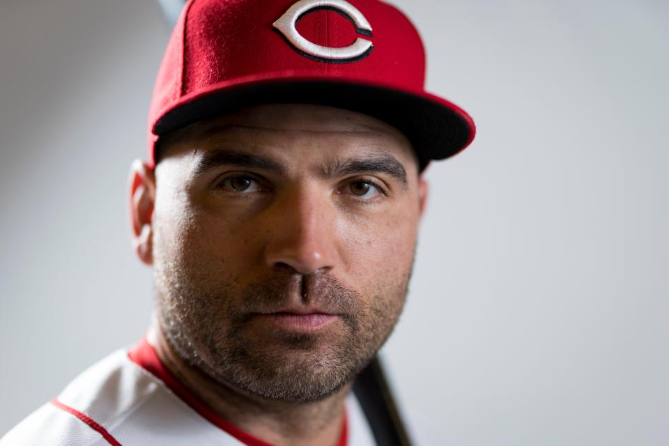 Cincinnati Reds first baseman Joey Votto (19) poses for the annual picture day photo at the Cincinnati Reds Player Development Complex in Goodyear, Ariz., on Tuesday, Feb. 21, 2023.