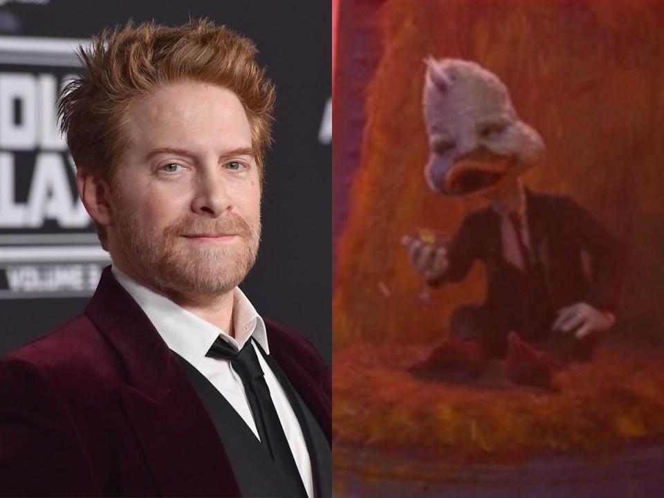 On the left: Seth Green at the LA premiere of "Guardians of the Galaxy Vol. 3." On the right: Howard the Duck, voiced by Green, in "Guardians of the Galaxy Vol. 2."