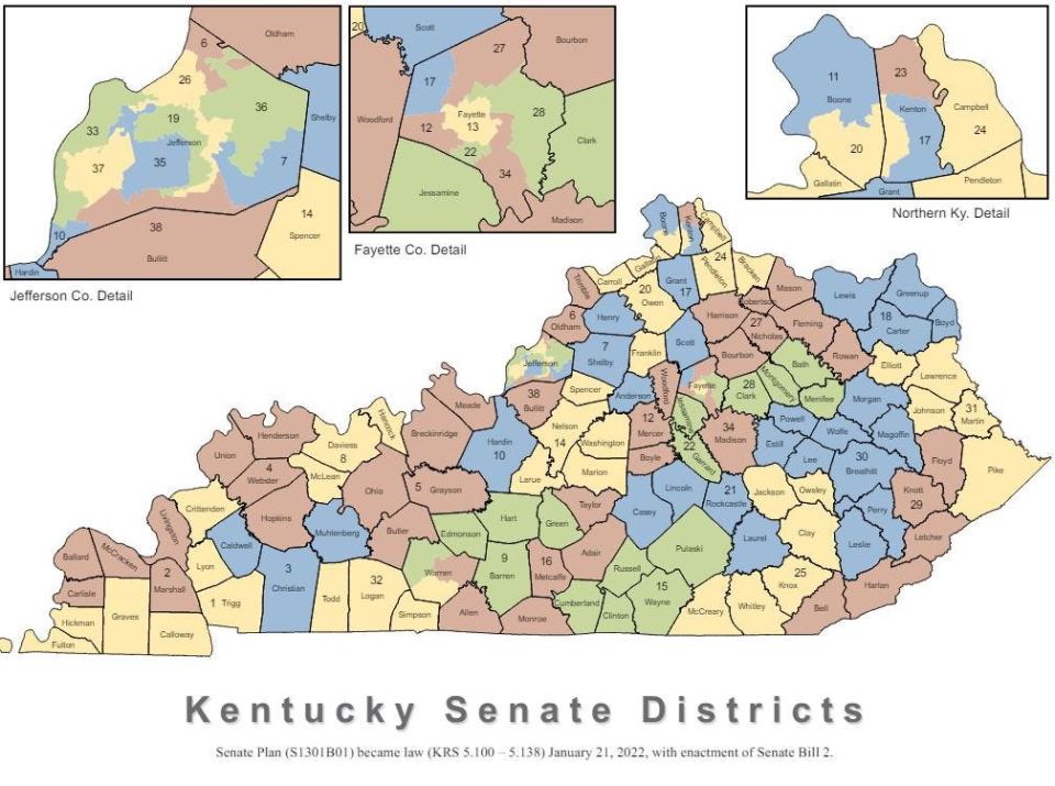 Kentucky's state Senate districts, which went into effect after redistricting ahead of 2022.