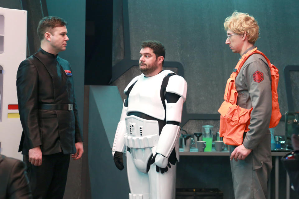 SATURDAY NIGHT LIVE -- "Adam Driver" Episode 1693 -- Pictured: (l-r) Taran Killam, Bobby Moynihan, and Adam Driver as Kylo Ren during the "Undercover Boss: Starkiller Base" sketch on January 16, 2016 -- (Photo by: Dana Edelson/NBC/NBCU Photo Bank via Getty Images)