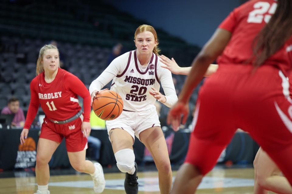 Missouri State Lady Bears guard Isabelle Delarue as the Lady Bears take on the Bradley Braves in the first round of the Women's Missouri Valley Conference in Moline, Ill on Thursday, March 9, 2023.