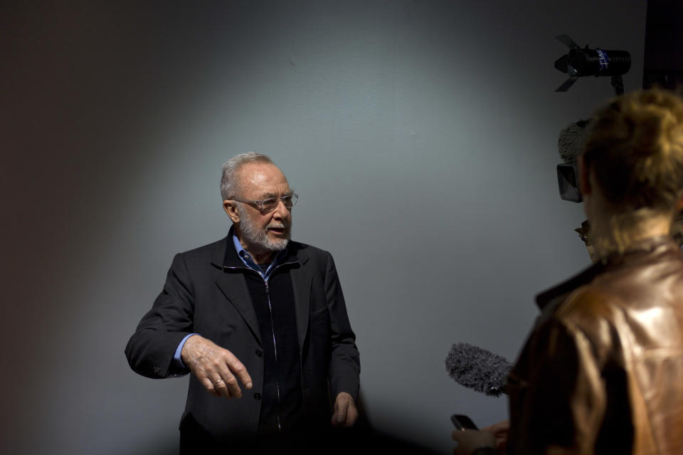 German artist Gerhard Richter gestures as he talks to medias on the eve of the opening of his exhibition "Gerhard Richter: Panorama", at the Centre Pompidou, Monday, June 04, 2012. (AP Photo/Thibault Camus)