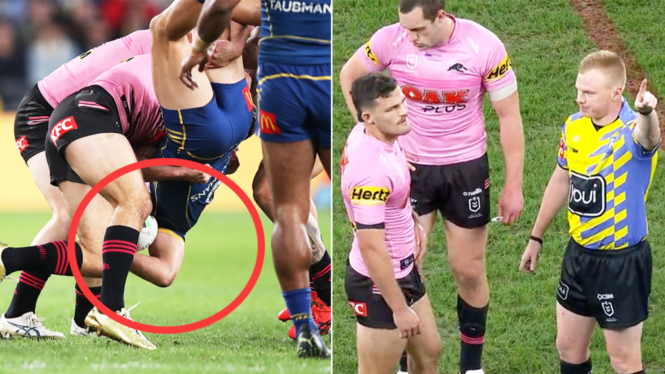 Nathan Cleary (pictured left) in a lifting tackle against Dylan Brown and (pictured right) Cleary being sent off in an NRL match.