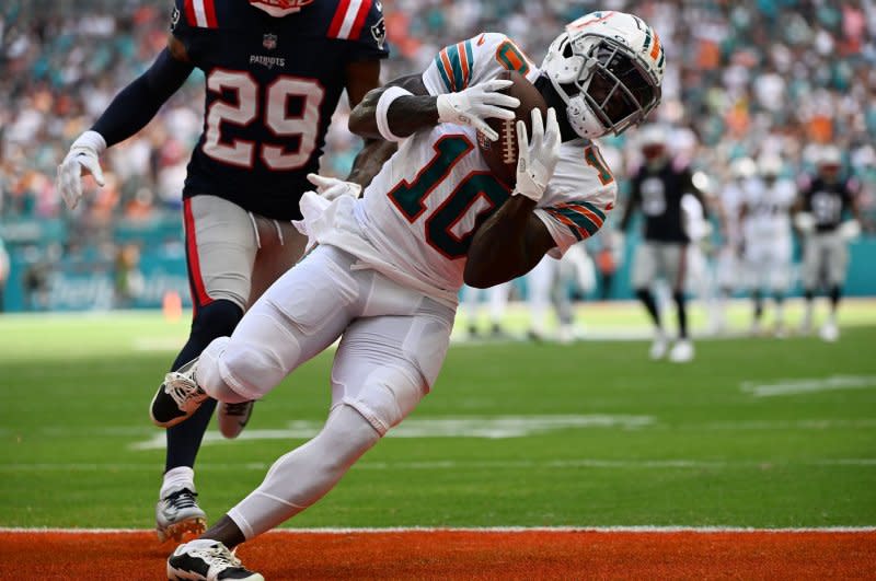 Quarterback Tua Tagovailoa's connection with wide receiver Tyreek Hill (pictured) helped the Miami Dolphins total the most yards in the NFL through 13 weeks of the season. File Photo by Larry Marano/UPI