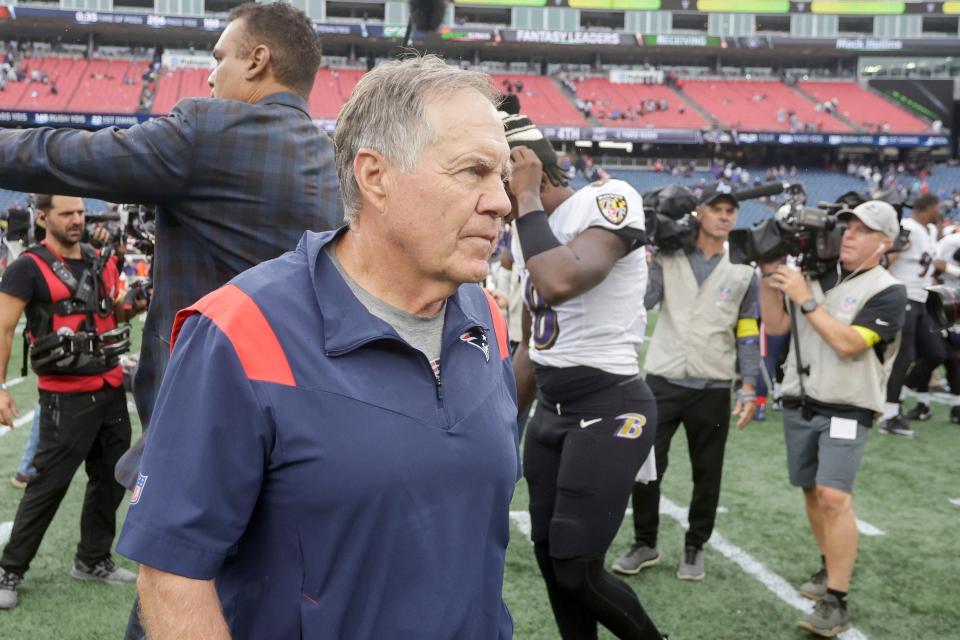 New England Patriots head coach Bill Belichick walks off the field following an NFL football game against the Baltimore Ravens, Sunday, Sep. 25, 2022, in Foxborough, Mass. (AP Photo/Stew Milne)