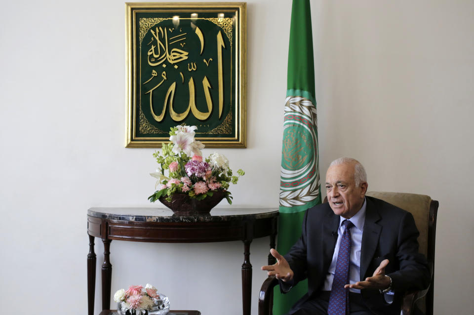 Arab League Secretary-General Nabil Elaraby speaks during an interview with the Associated Press, in Cairo, Egypt, Thursday, April 10, 2014. The head of the Arab League said Thursday he is confident that Israel and the Palestinians soon will resolve a crisis over the release of long-held Palestinian prisoners and extend their U.S.-brokered peace talks beyond an April deadline. Elaraby told The Associated Press that the April 29 deadline would be extended “for months” and rejected the idea that the talks have failed to make progress. (AP Photo/Hassan Ammar)