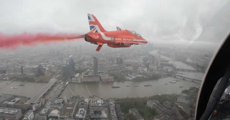 The display was scaled down due to poor weather conditions - which were easy to spot in the cockpit footage. (Twitter/Red Arrows)