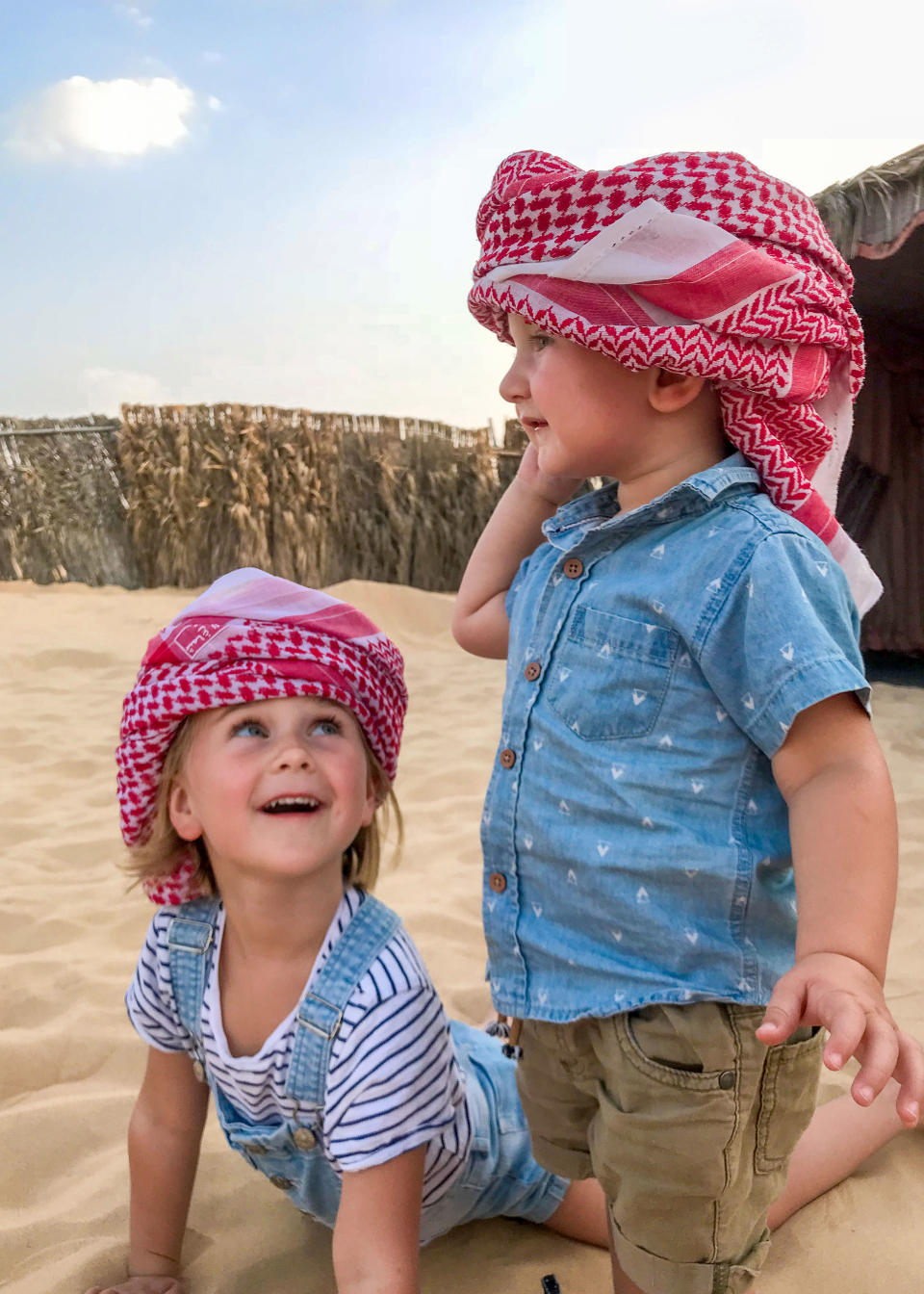 <span>Esme Bayes, four, and Quinn, one, in Abu Dhabi. </span>Photo: Caters News