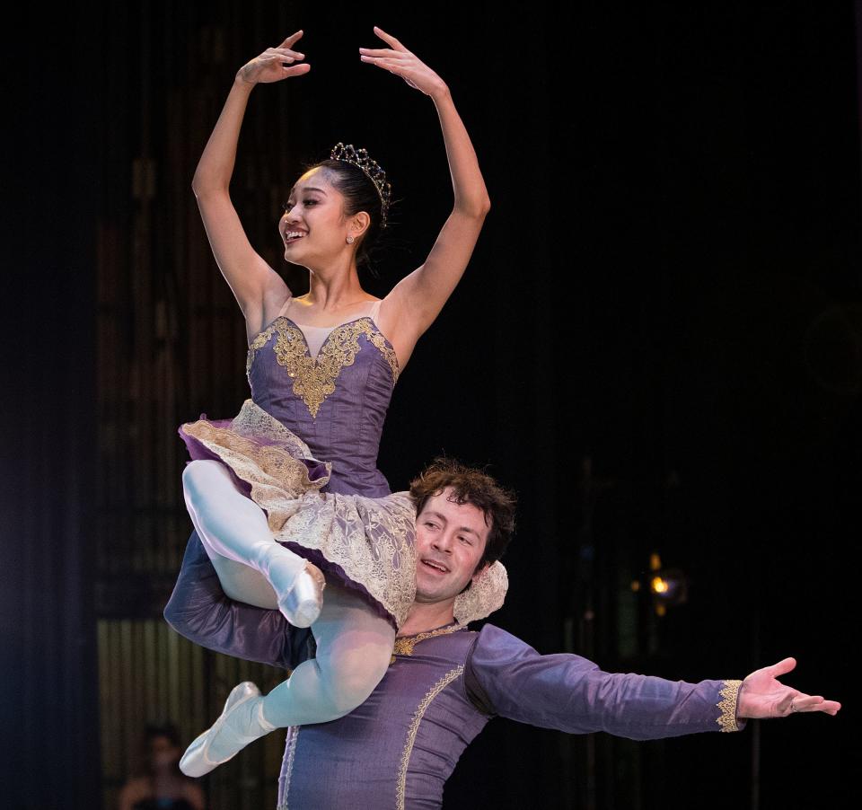 Yoshiko Kamikusa performs in her role as the Sugar Plum Fairy and Chris Lingner as Cavalier during dress rehearsal for the "The Nutcracker" on Thursday, Dec. 9, 2021, at the Murat Theatre in Indianapolis. 